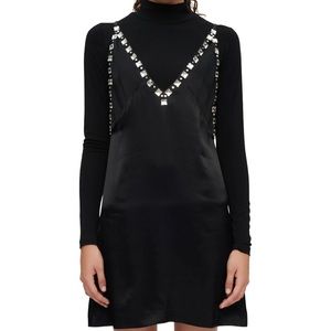 Maje black satin party dress with jeweled straps